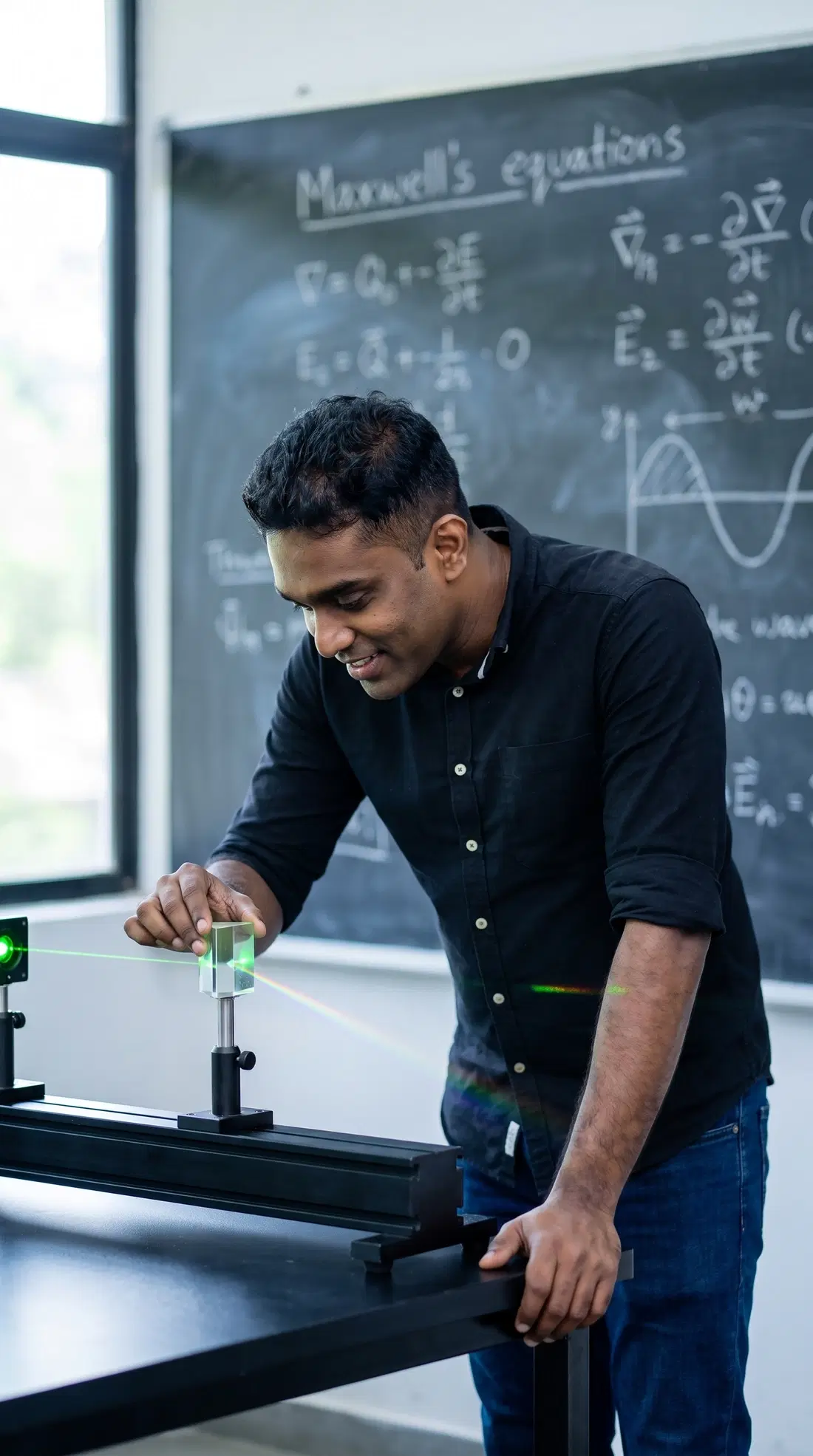 සුජිත් ලියනගේ පන්ති කාමරයක ප්‍රකාශ විද්‍යා පරීක්ෂණයක් පැහැදිලි කරමින්
